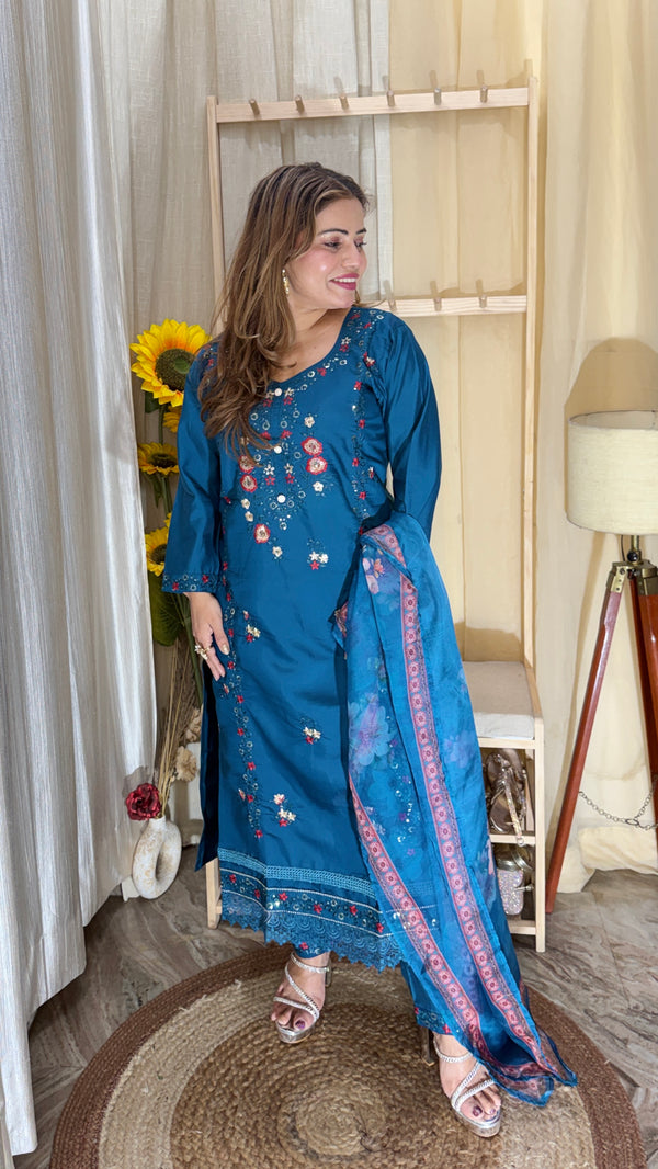 Teal Blue Floral Embroidered Kurta Set with Printed Dupatta