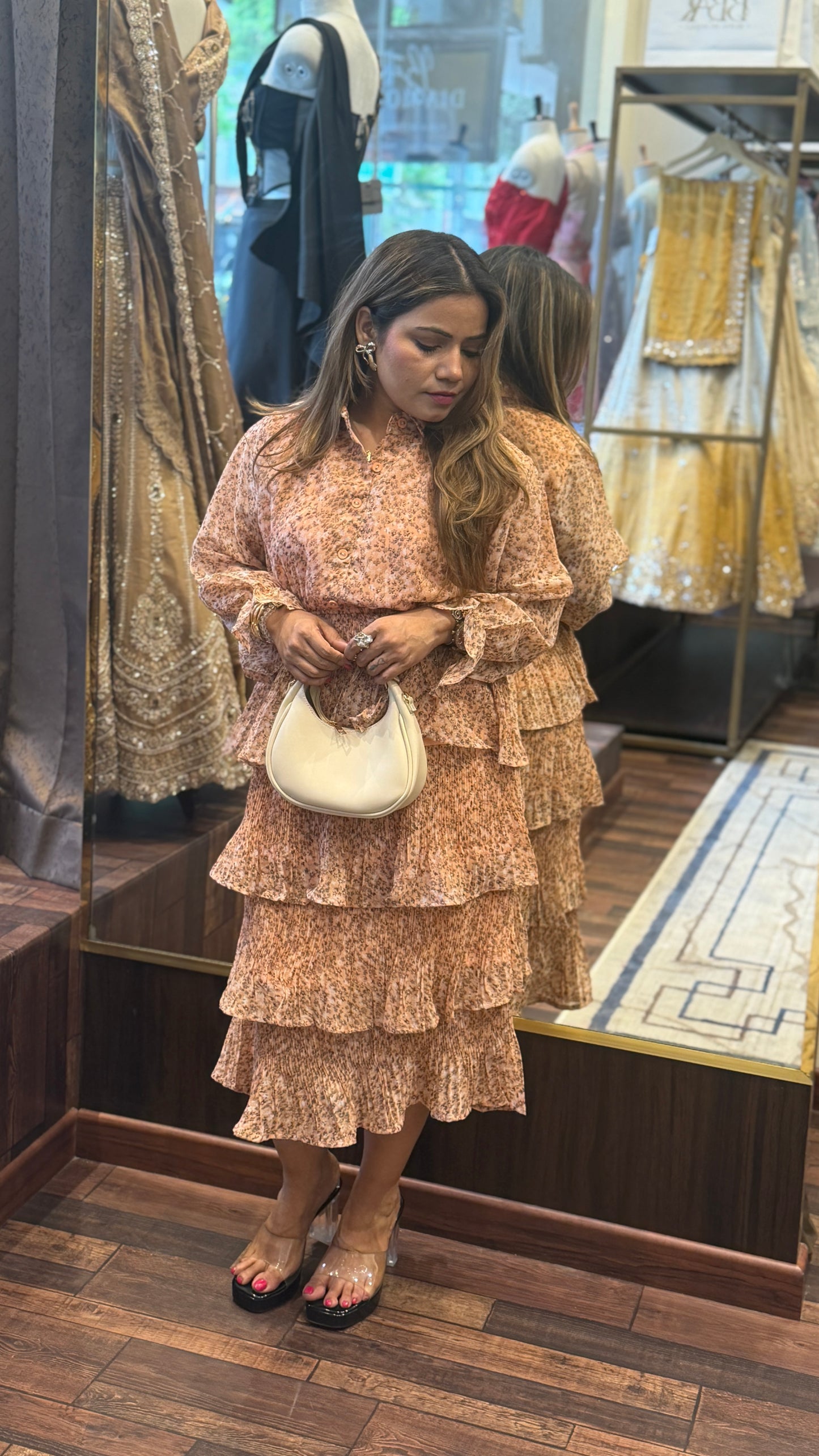 Romantic Layered Floral Midi Dress with Shirt Collar