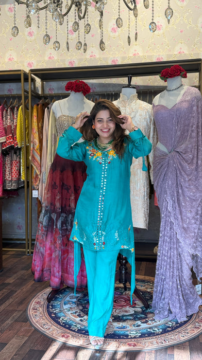 Teal Blue Floral Embroidered Kurta Set with Straight Pants | Premium Festive Ethnic Wear for Women