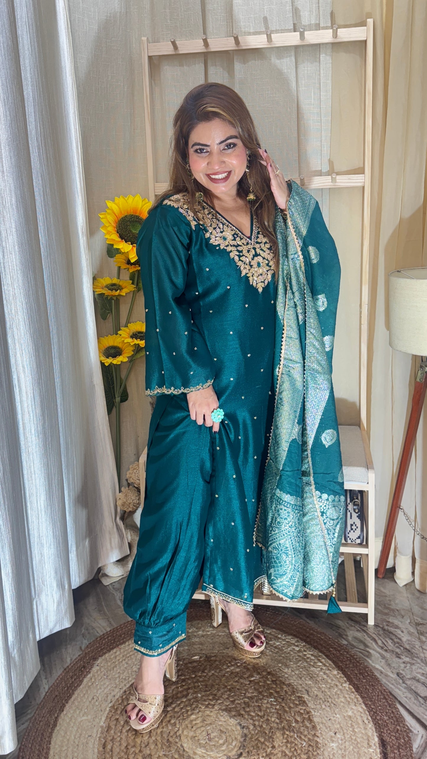 Emerald Green Embroidered Suit with Banarasi Dupatta