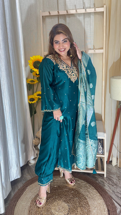 Emerald Green Embroidered Suit with Banarasi Dupatta