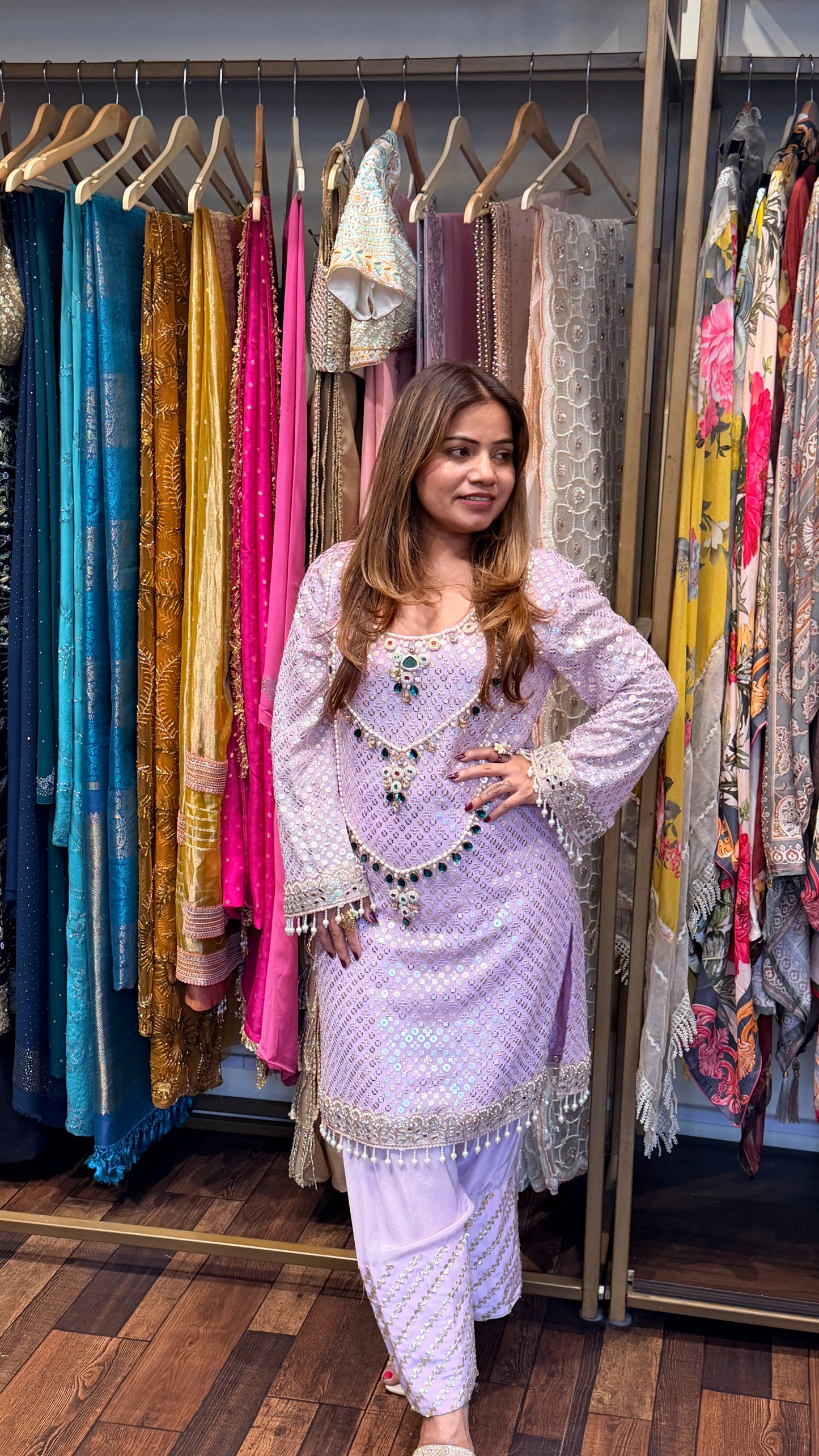 Lavender Embellished Kurta Set with Farsi Salwar