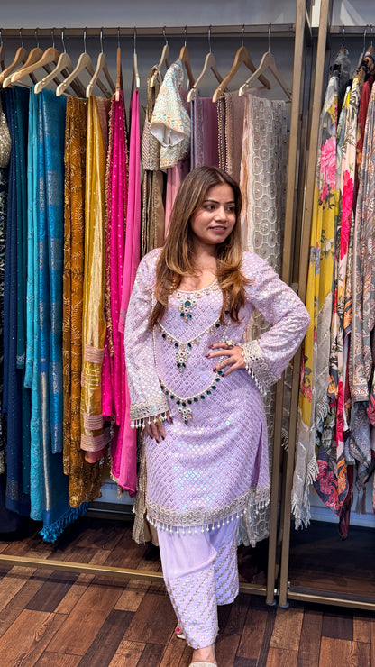 Lavender Embellished Kurta Set with Farsi Salwar