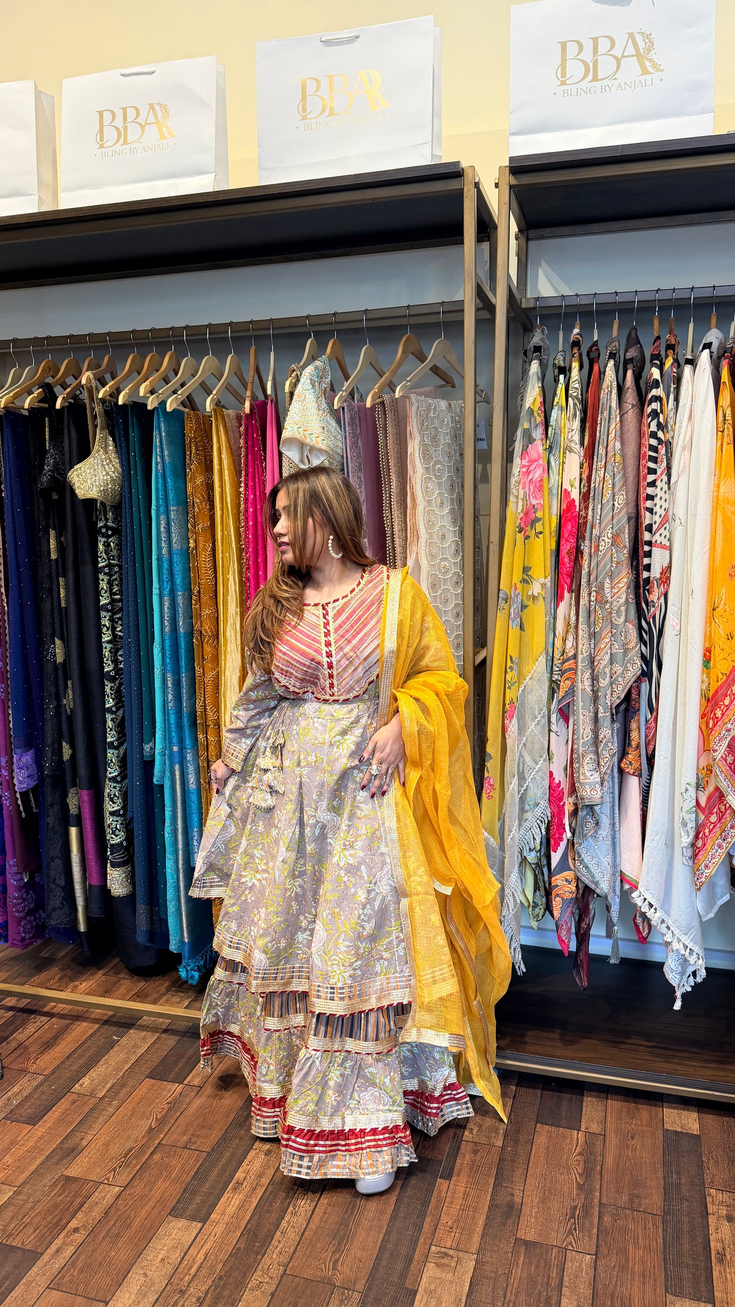 Pastel Floral Kurta Set with Farsi Sharara & Mustard Dupatta