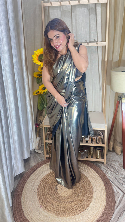 Metallic Luxe Pre-Draped Saree with 1 miter Blouse fabric – Silver Chrome Finish