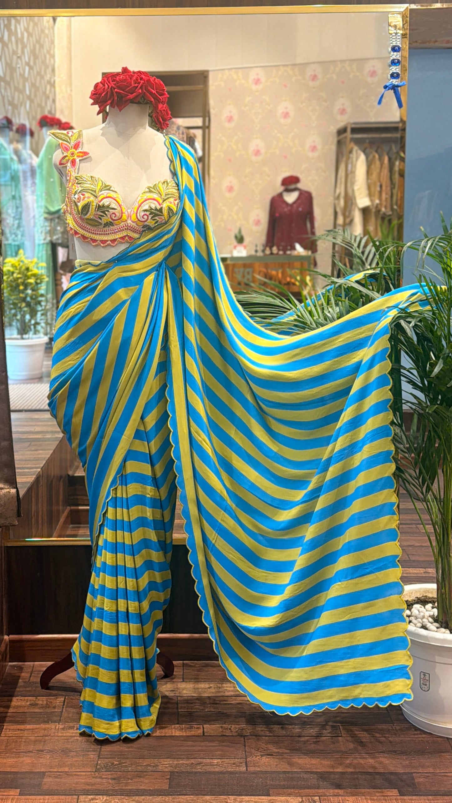 Blue & Yellow Striped Pure Crepe Saree