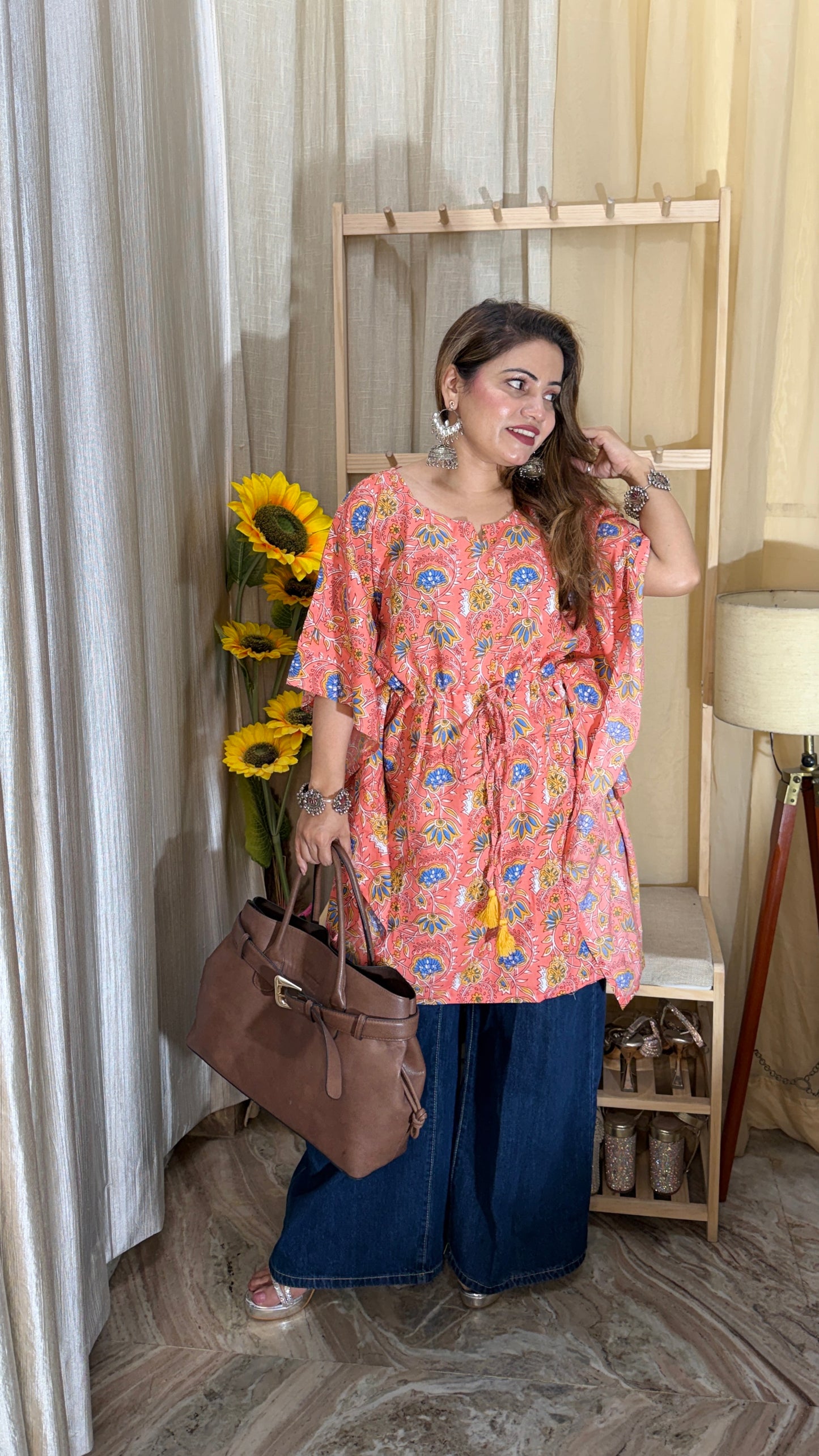 Peach Floral Printed Cotton Kurti with Tassel Tie-Up