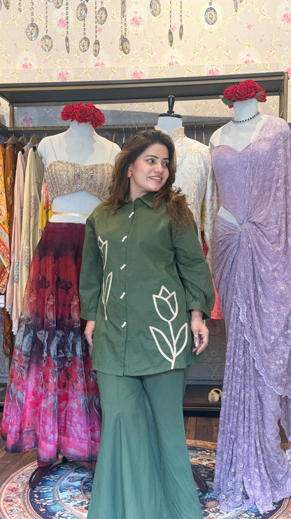Olive Green Floral Appliqué Shirt Kurta Set with Palazzo Pants | Premium Cotton Co-Ord Set for Women