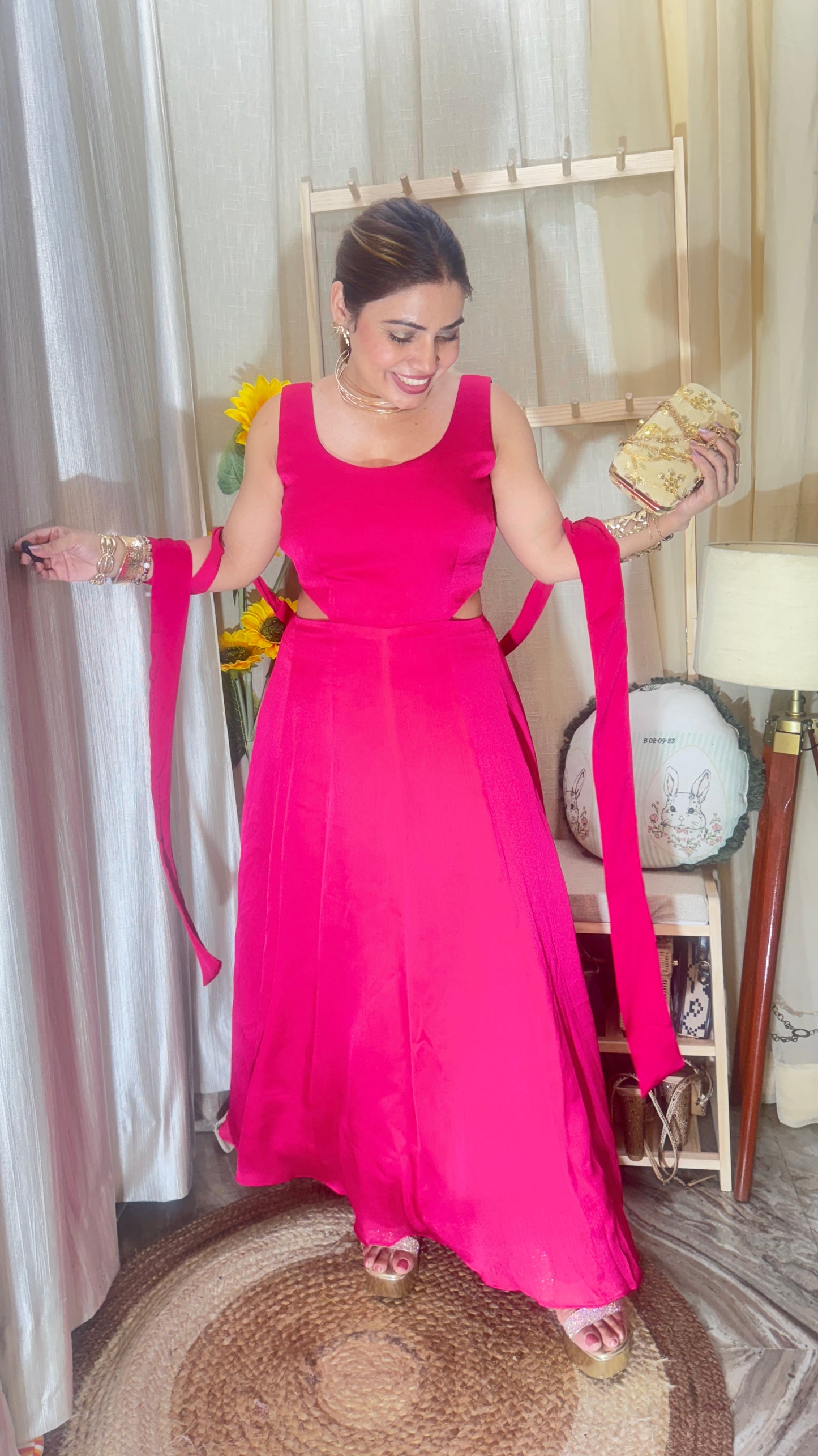 Hot Pink Flared Cut-Out Anarkali Dress