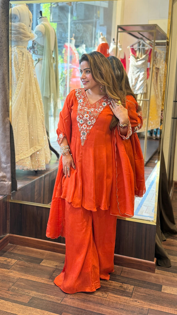 Orange Embroidered Kurta Set with Dupatta
