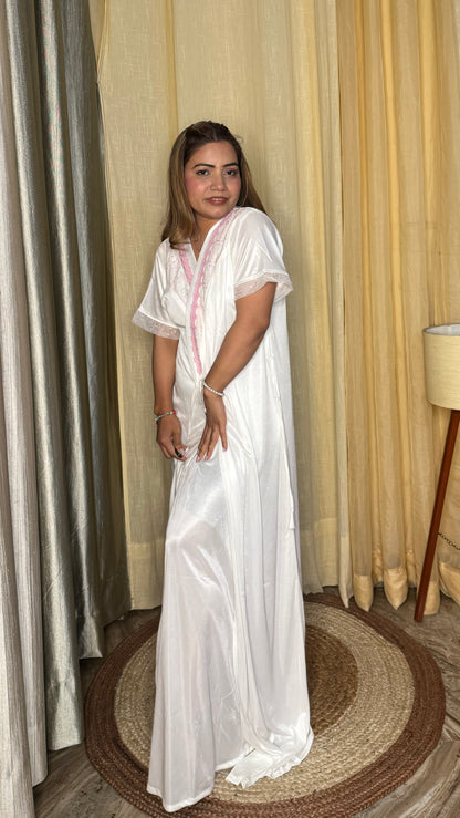 luxurious white satin nighty 2pc set