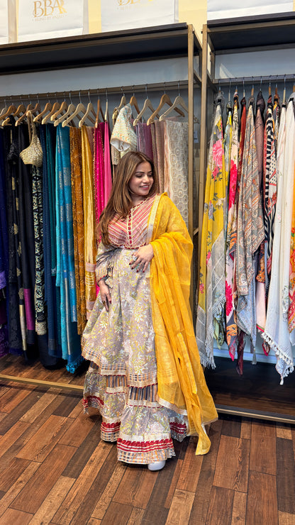 Pastel Floral Kurta Set with Farsi Sharara & Mustard Dupatta