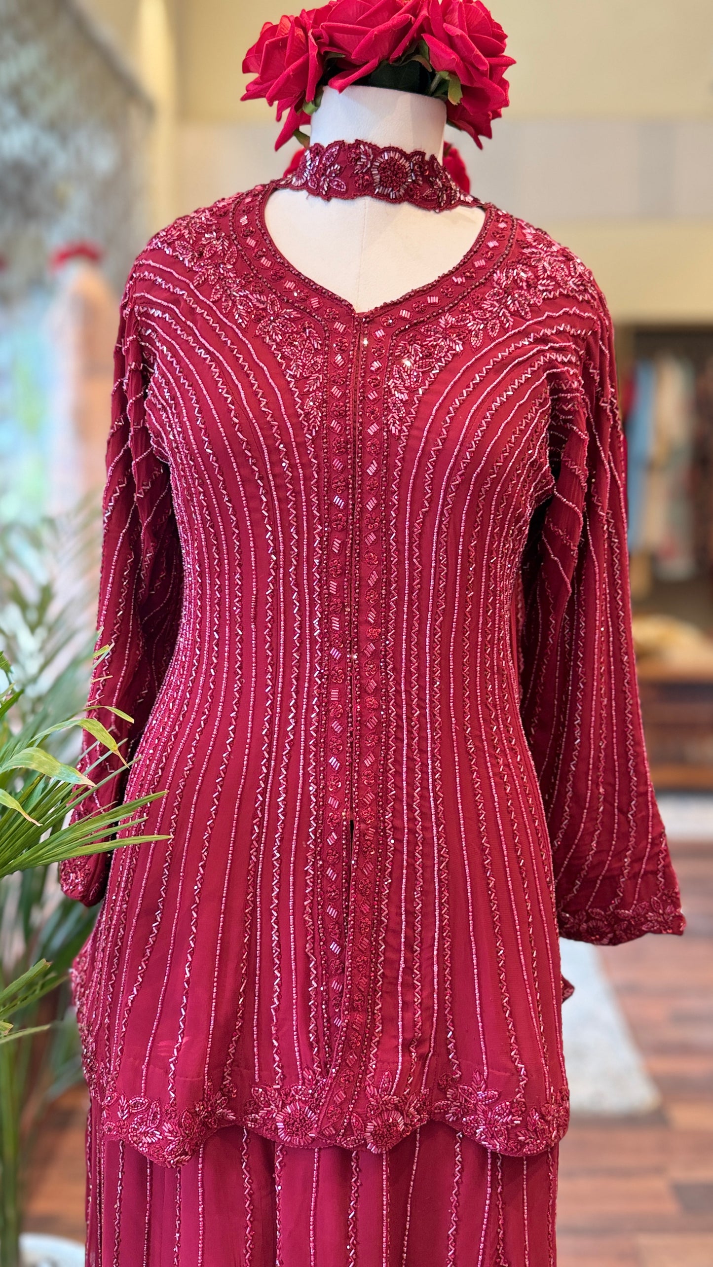 Ruby Red Hand-Embellished Peplum Top & Palazzo Set with Statement Choker