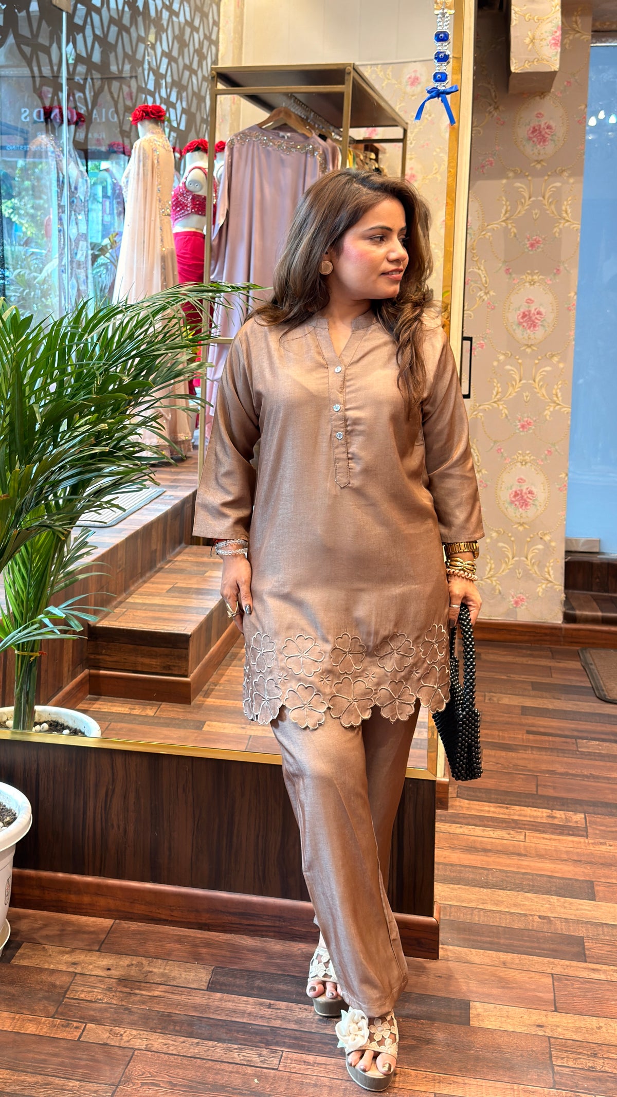 Mocha Cotton Satin Embroidered Co-Ord Set