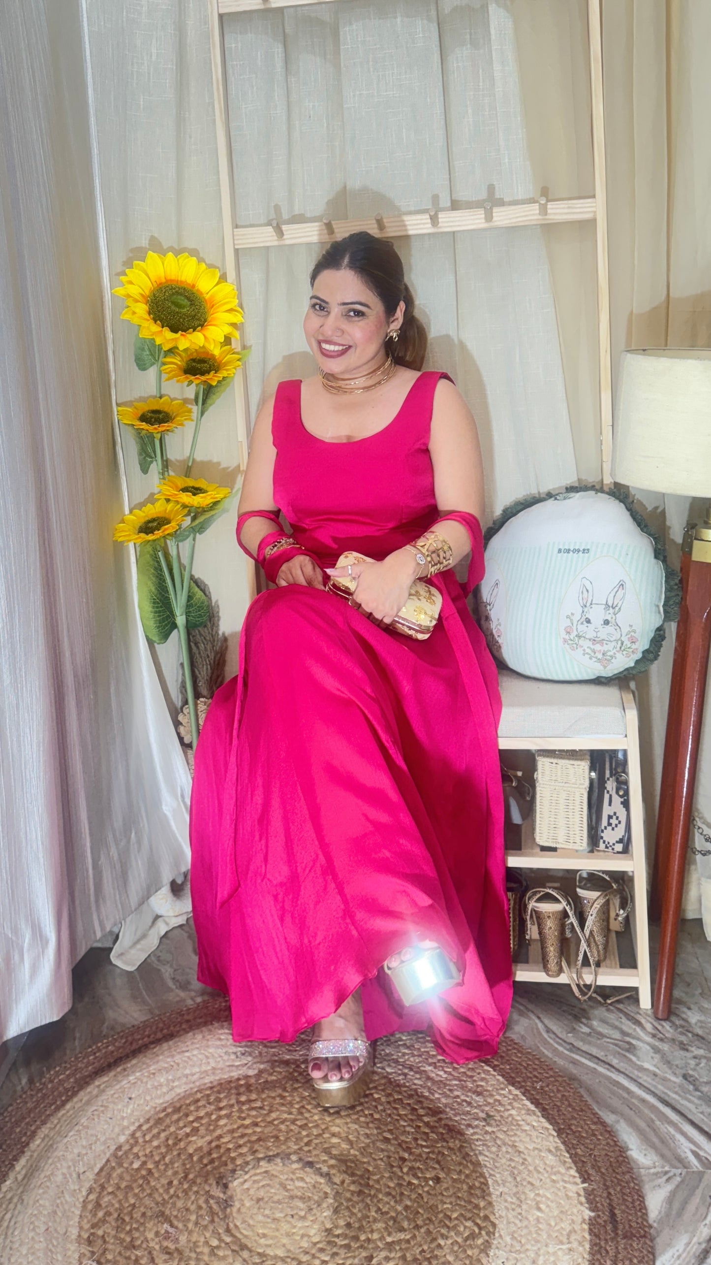 Hot Pink Flared Cut-Out Anarkali Dress