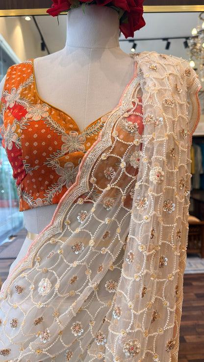 Ivory Embroidered Net Saree with Designer Blouse | Luxury Party Wear Saree | South Delhi Boutique Collection