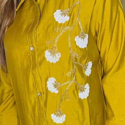 Rich mustard yellow 
Embroidered Kurta cord Set