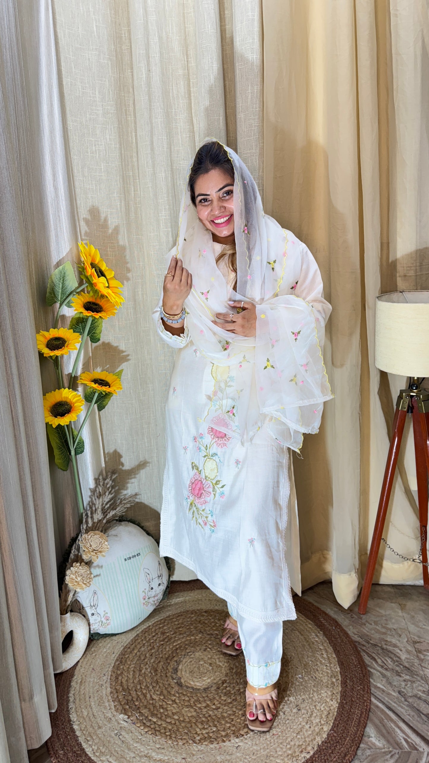 White Floral Embroidered Cotton Suit Set