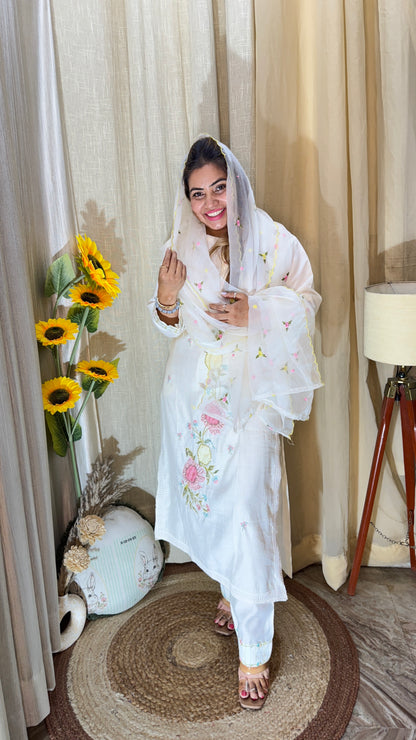 White Floral Embroidered Cotton Suit Set