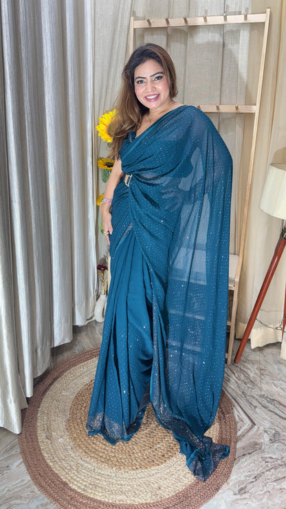 Teal Blue Sparkle Drape Saree