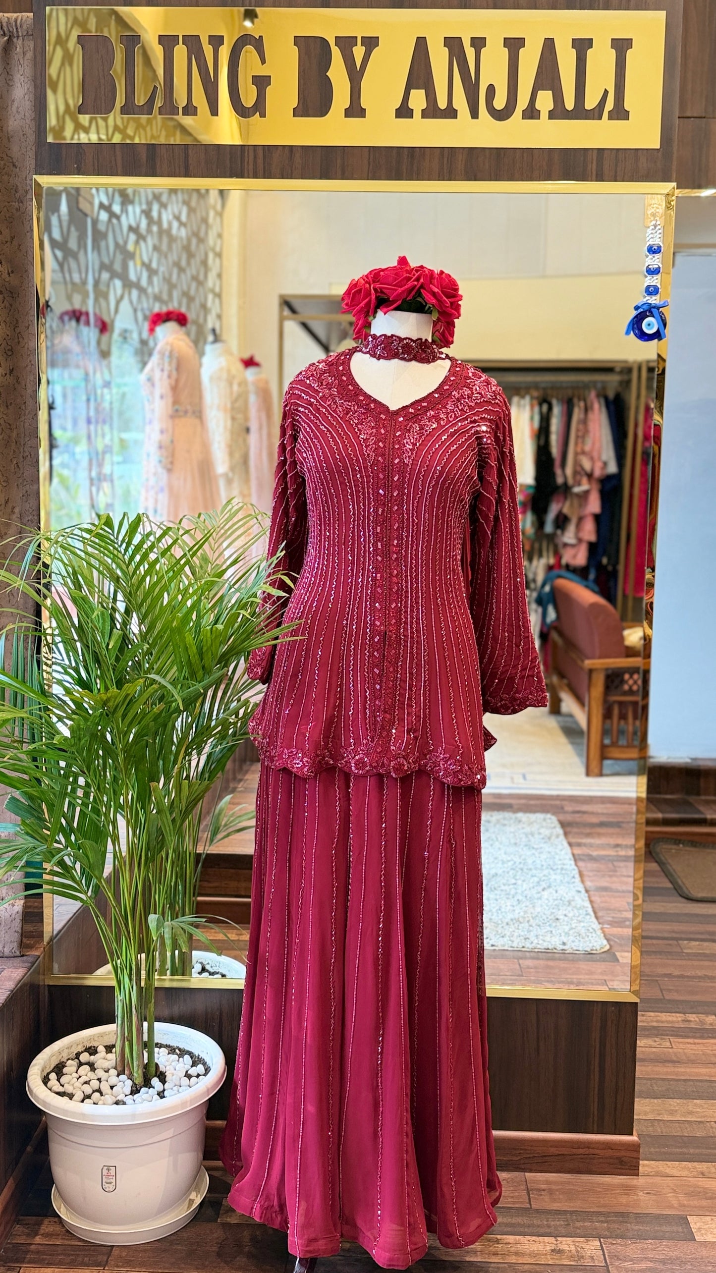 Ruby Red Hand-Embellished Peplum Top & Palazzo Set with Statement Choker