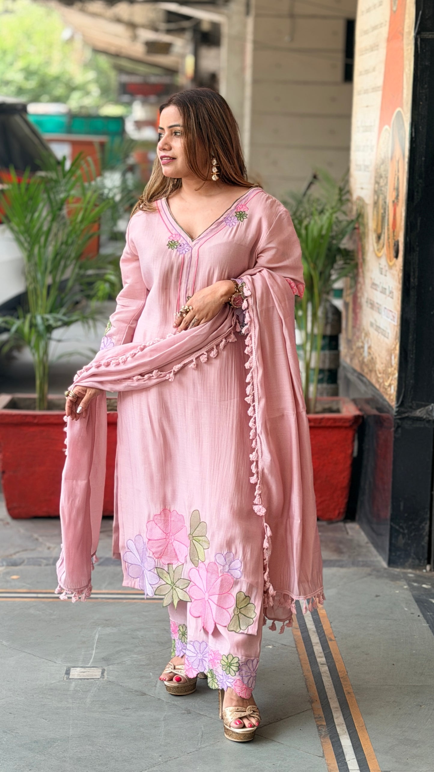 Blush Pink Floral Hand-Embroidered Kurta Set with Dupatta