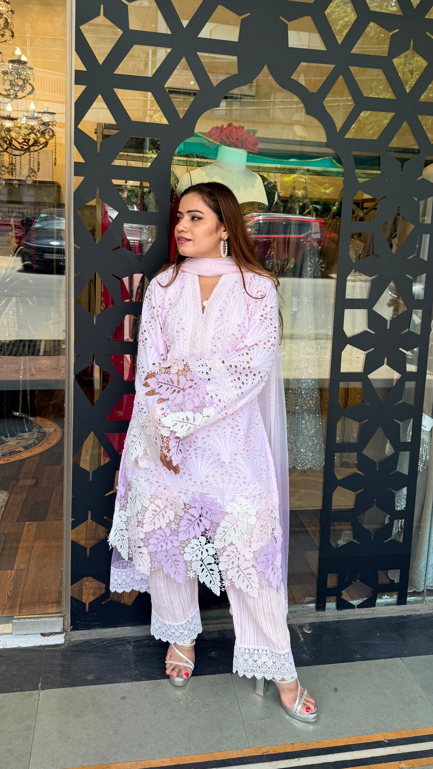 Blush Pink Chikankari Kurta Set with Lace Detail | Luxury Summer Ethnic Wear | Defence Colony Designer