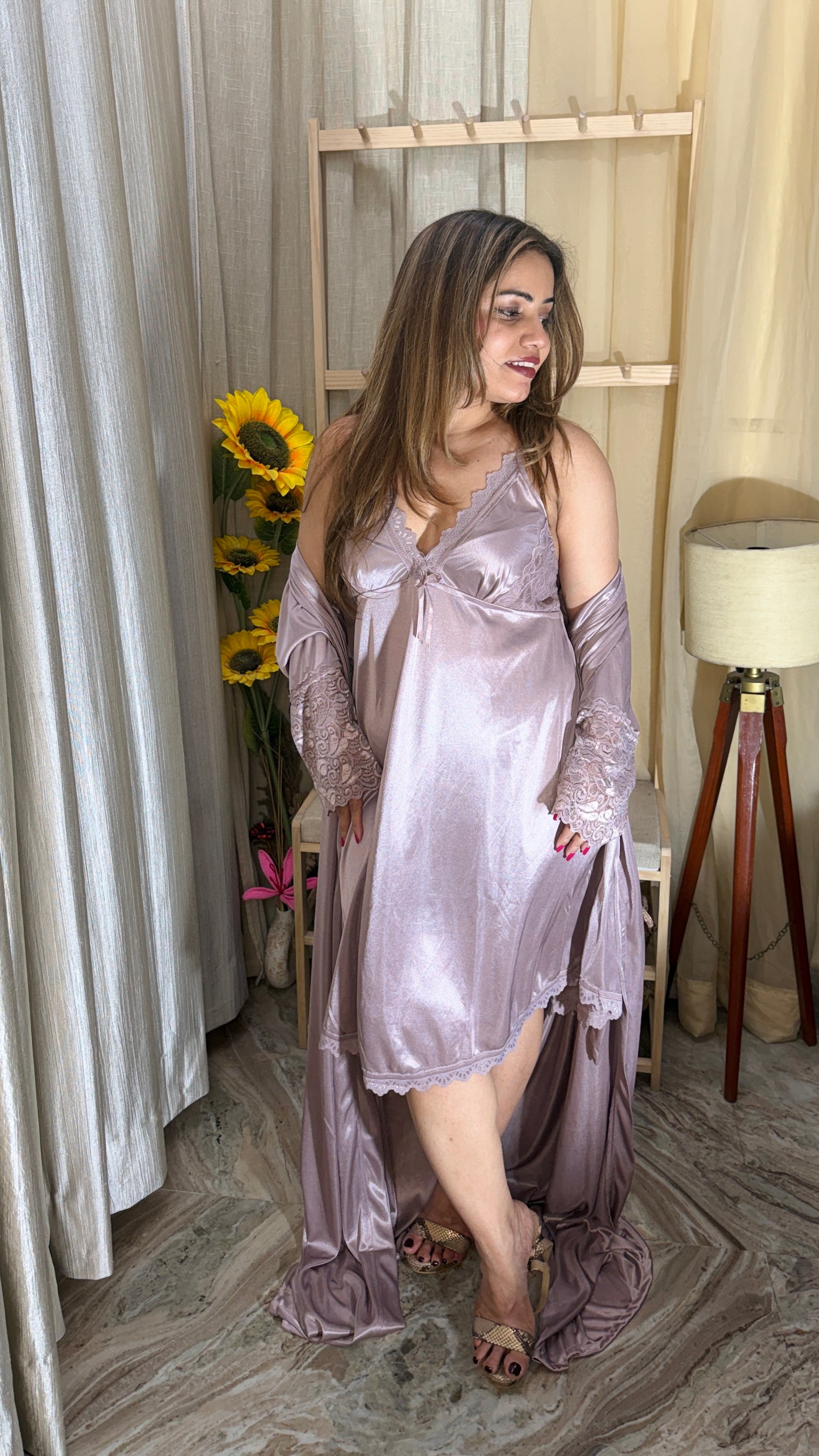 Luxe Satin Nightdress with Robe Set – Elegant Lace Trim Sleepwear (2 Piece)