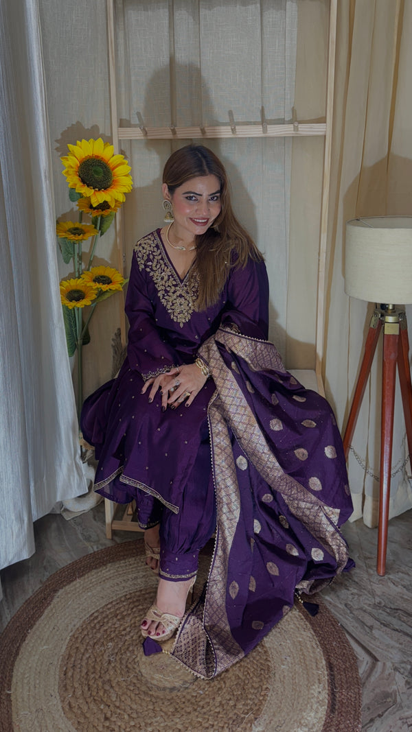Royal Purple Embroidered Suit with Banarasi Dupatta