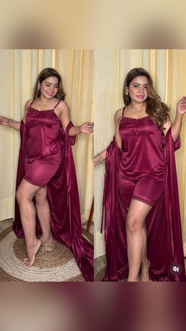 3pc Wine Maroon luxury nighty set