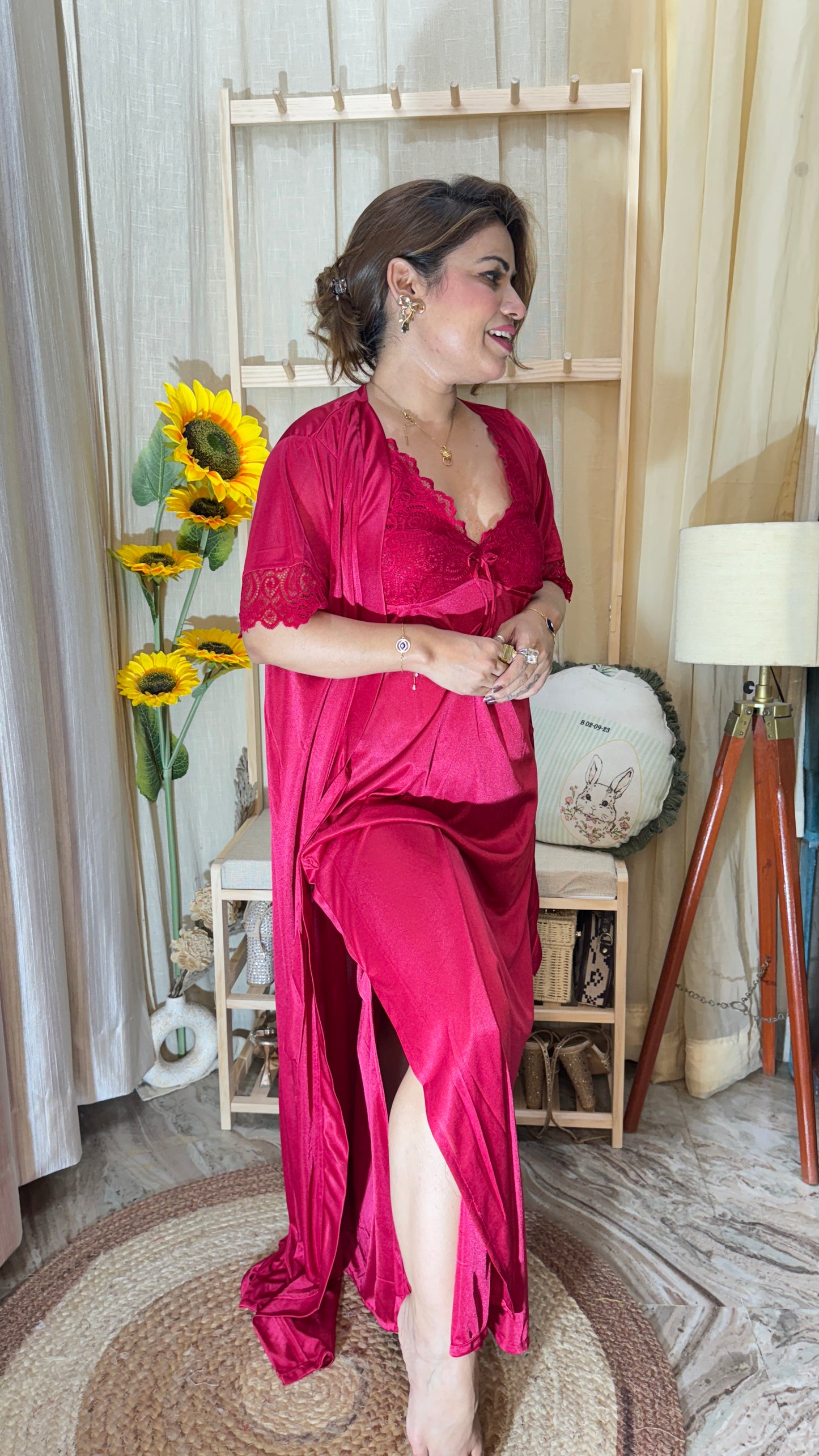 Luxury Satin Nightwear Set – Deep Red