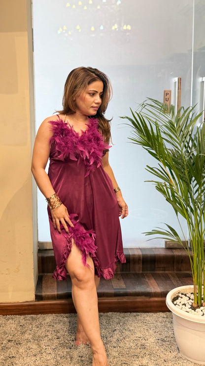 Wine Satin Feather Trim Dress with Cape