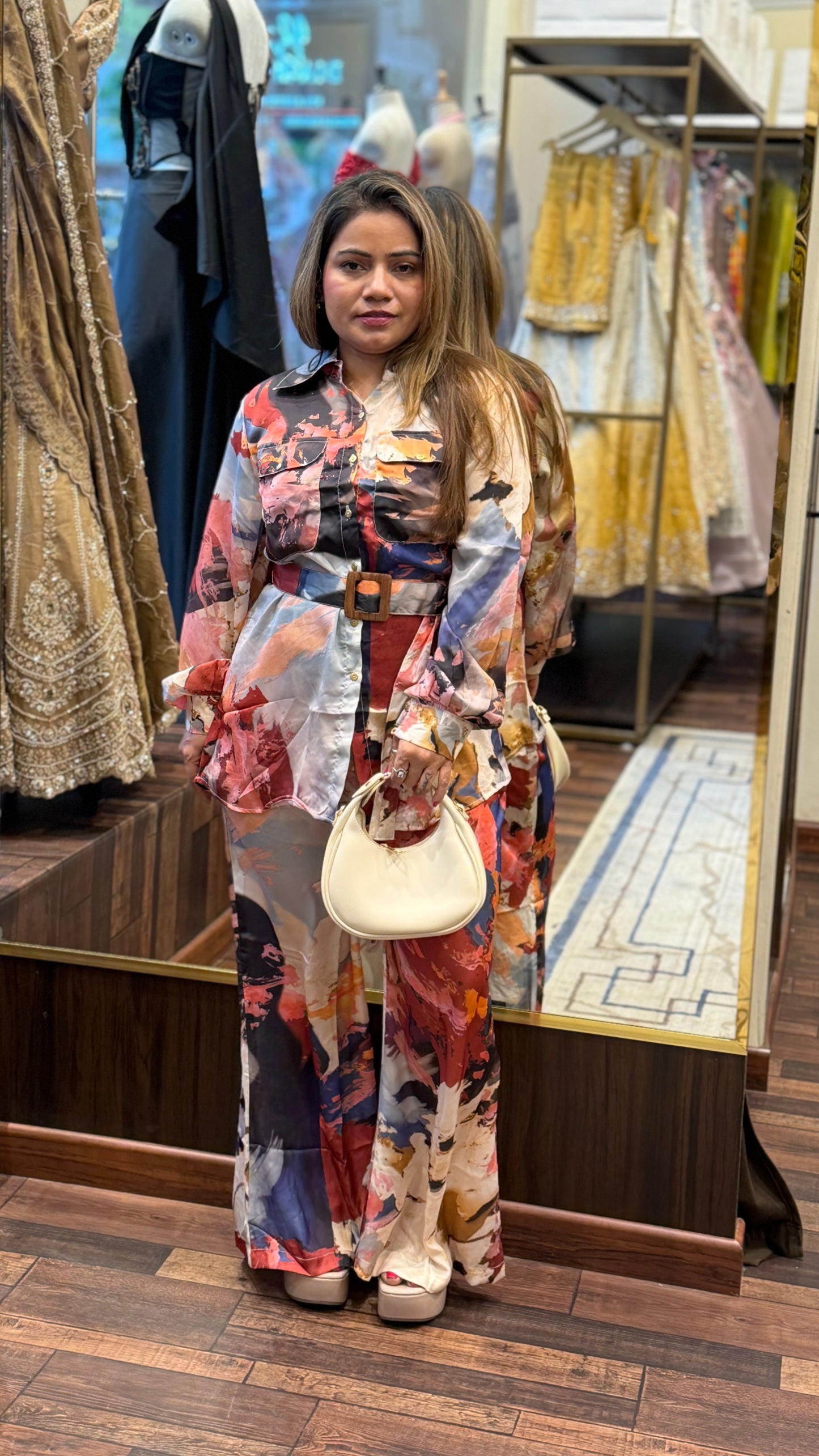 Abstract Print Satin Co-ord Set with Belt – Premium Statement Outfit for Women