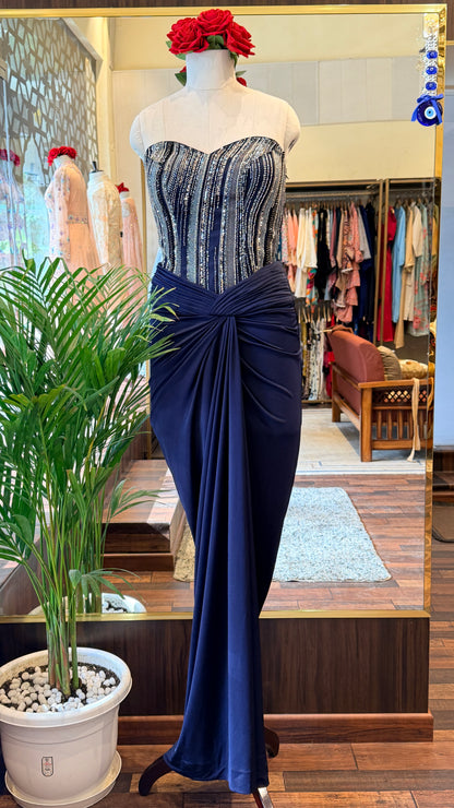 Midnight Navy Embellished Corset with Draped Skirt Set
