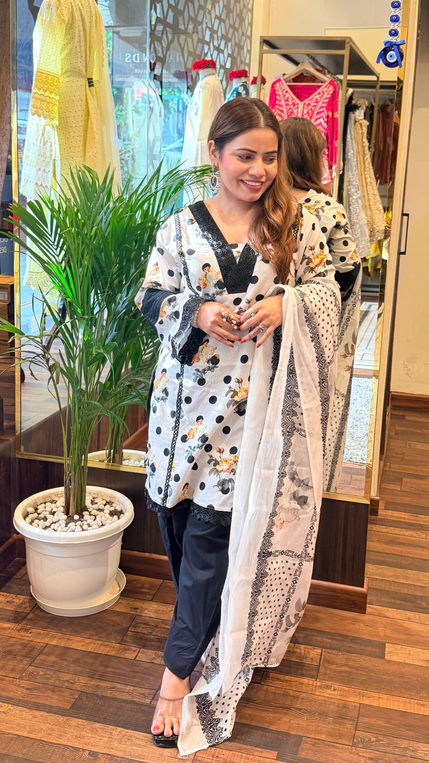 Black & White Floral Polka Kurta Set with Dupatta