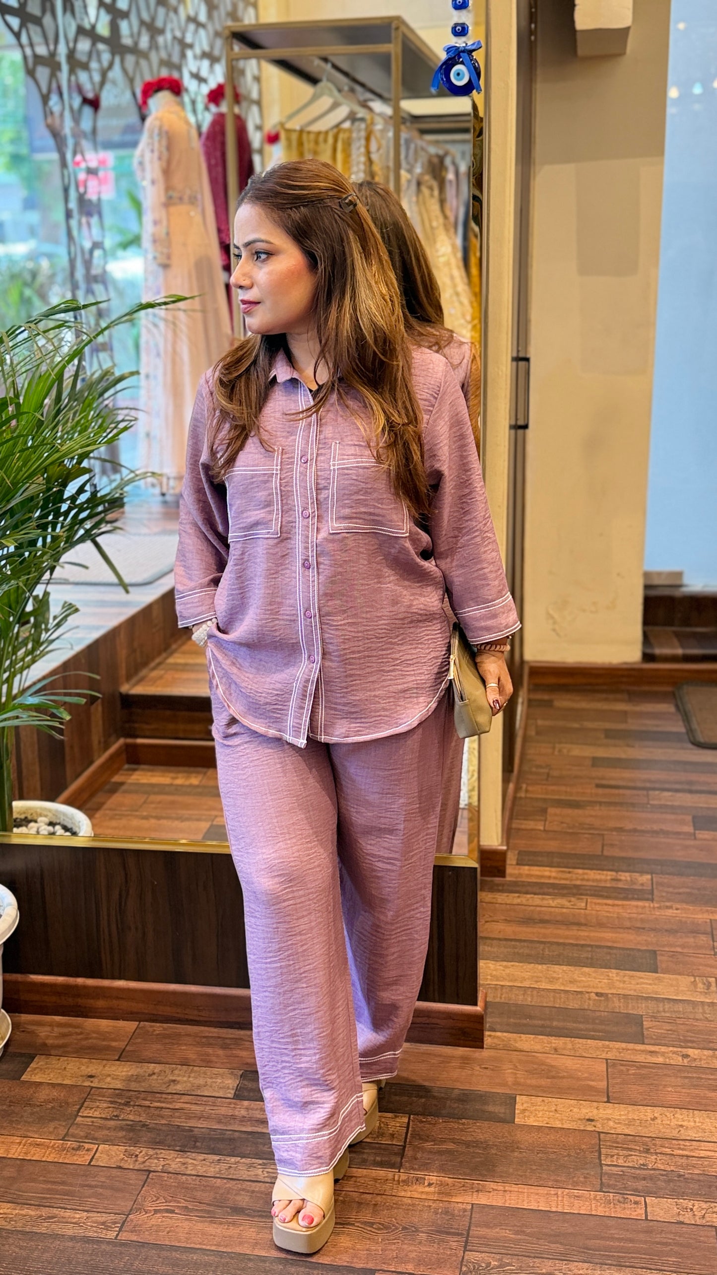 Lavender Contrast Stitch Shirt & Straight Pants Co-Ord Set