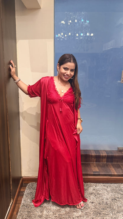 Luxury Red Satin Nightwear Set with Lace Detail (Robe + Slip)