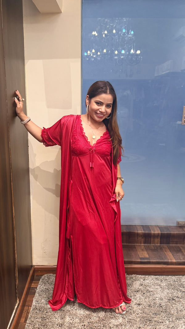 Luxury Red Satin Nightwear Set with Lace Detail (Robe + Slip)