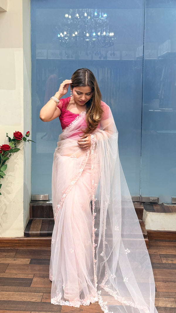 Soft Pink Net Saree with Floral Embroidery & Designer Blouse
