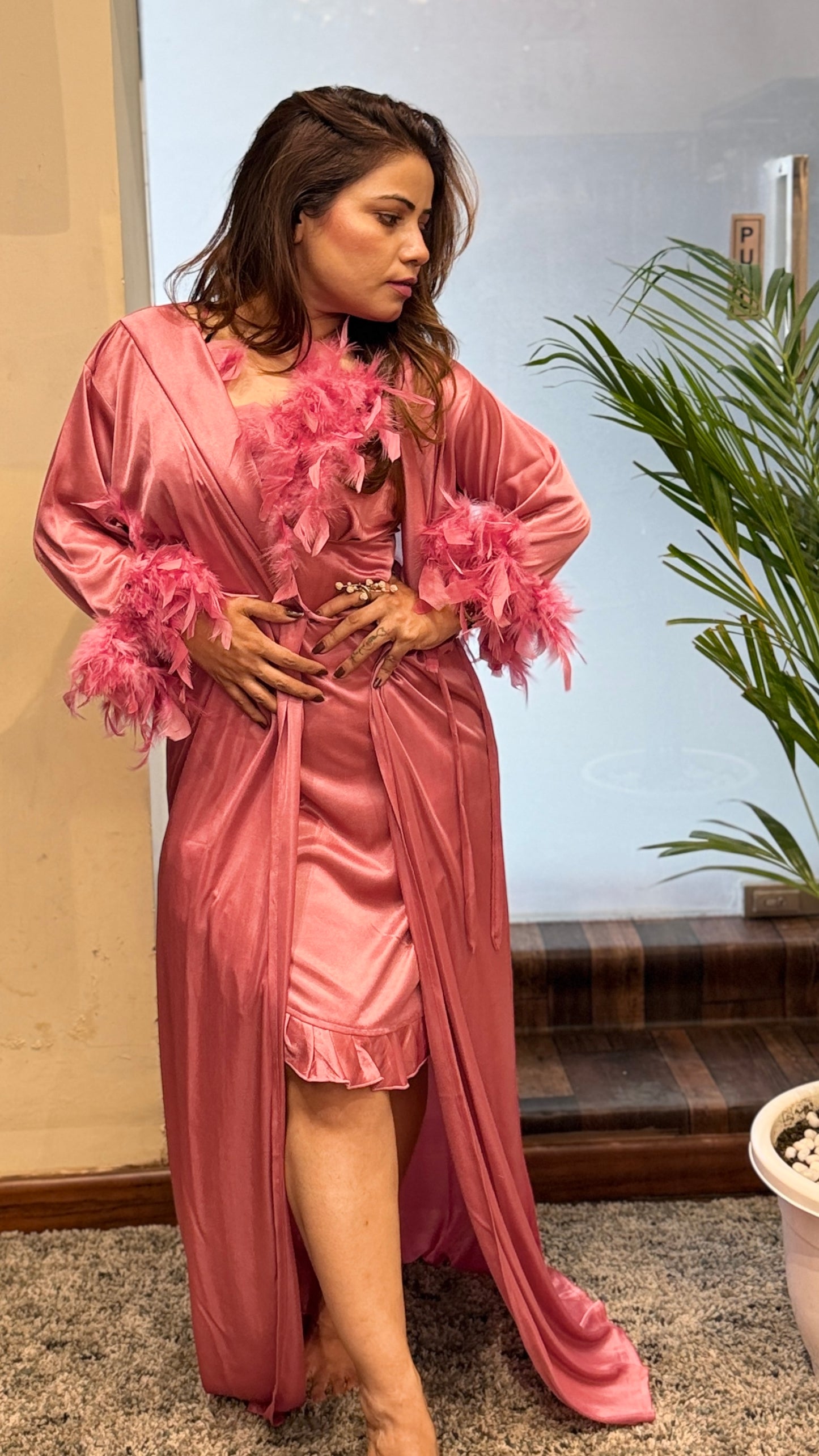 Rose Pink Satin Feather Trim Dress with Robe