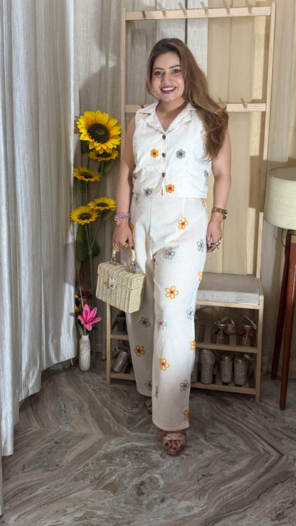 Floral Embroidered Co-ord Set with Sleeveless Shirt & Wide-Leg Pants
