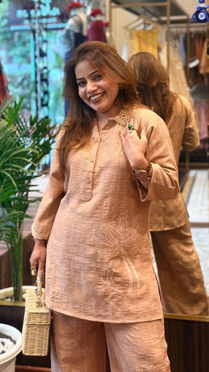 Cotton Linen Embroidered Co-Ord Set for Women | Summer Kurta & Straight Pants