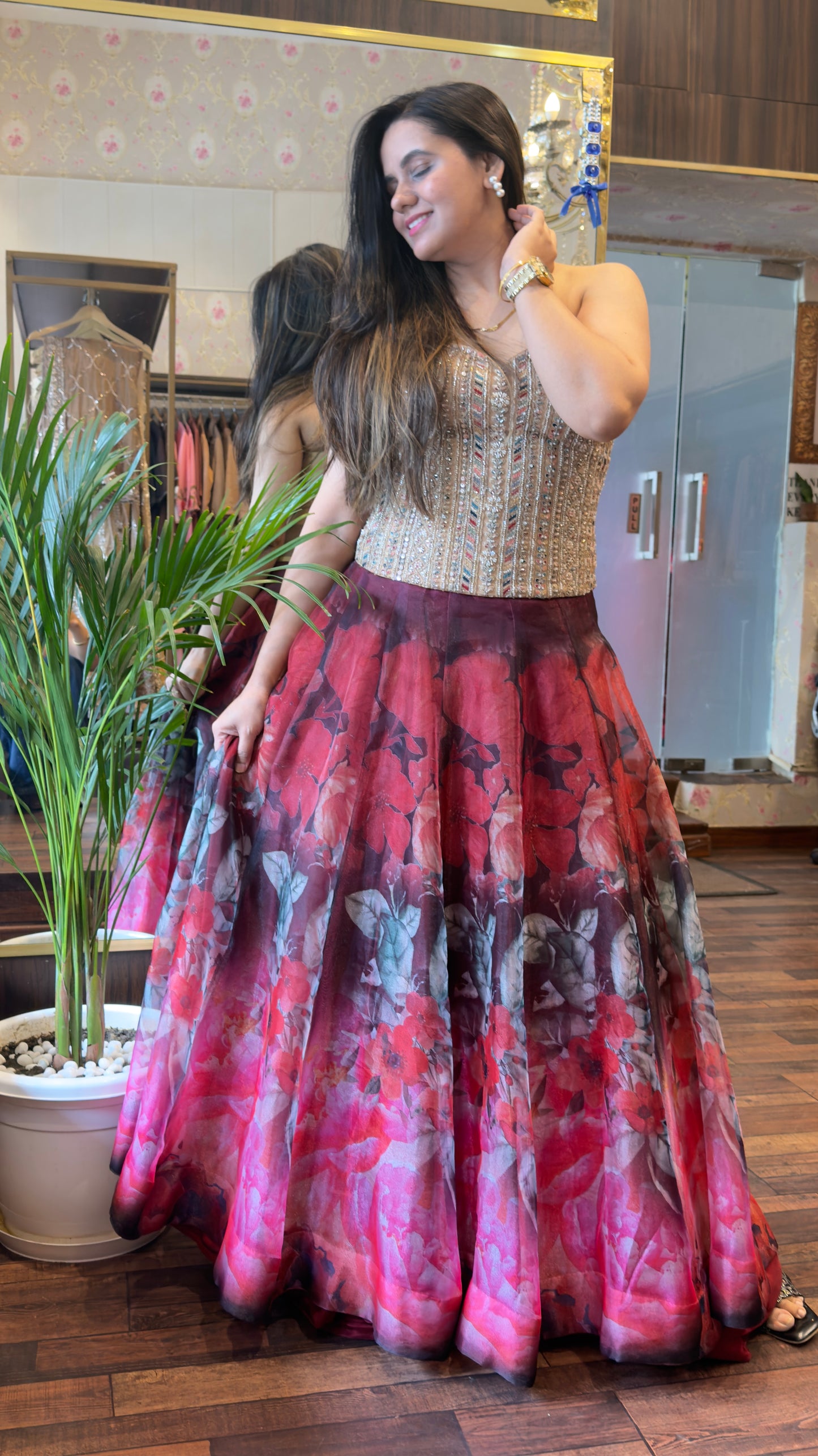 Embroidered Corset with Printed Organza Lehenga – 2-Piece Set