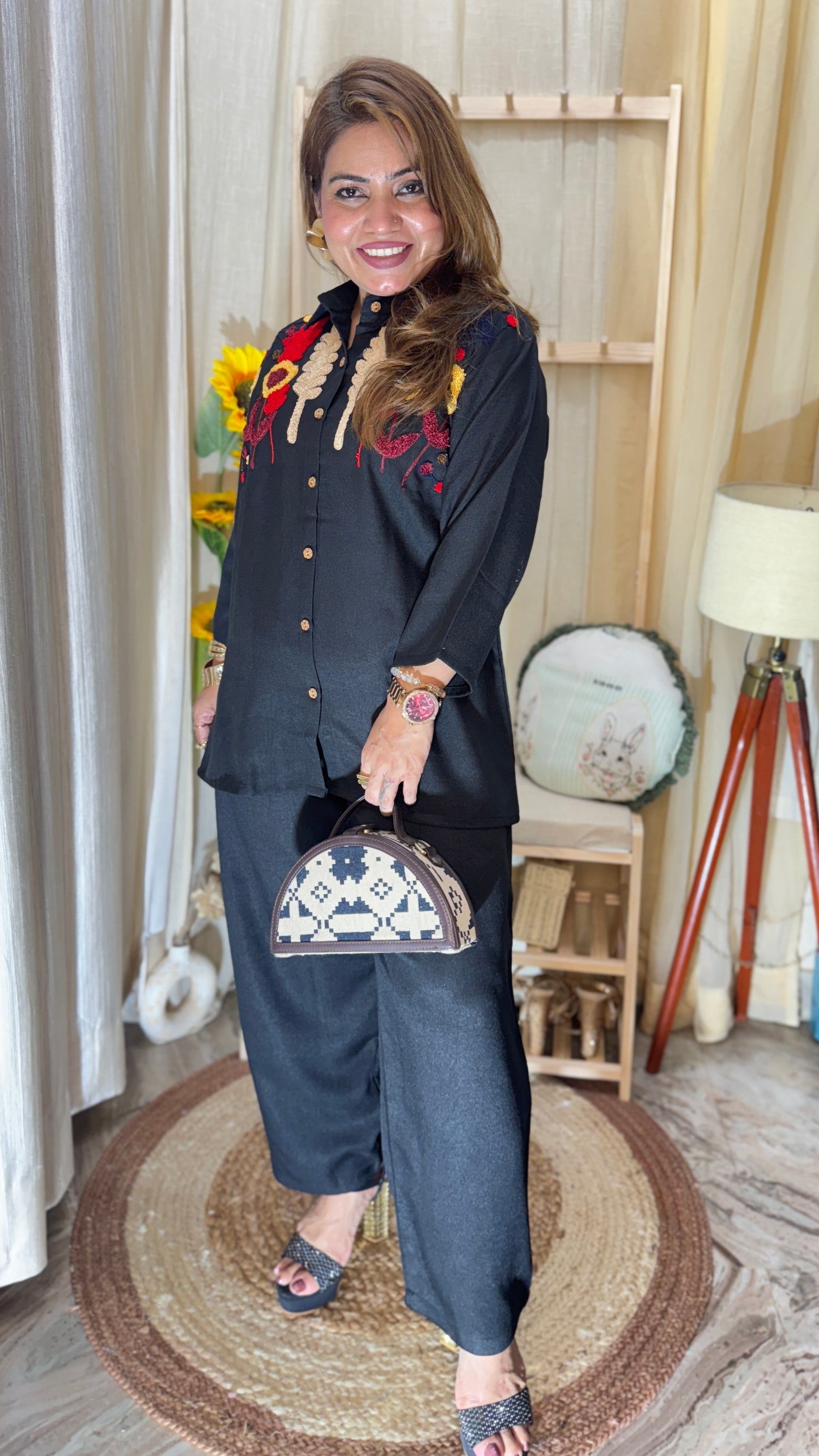Black embroidered cord set
