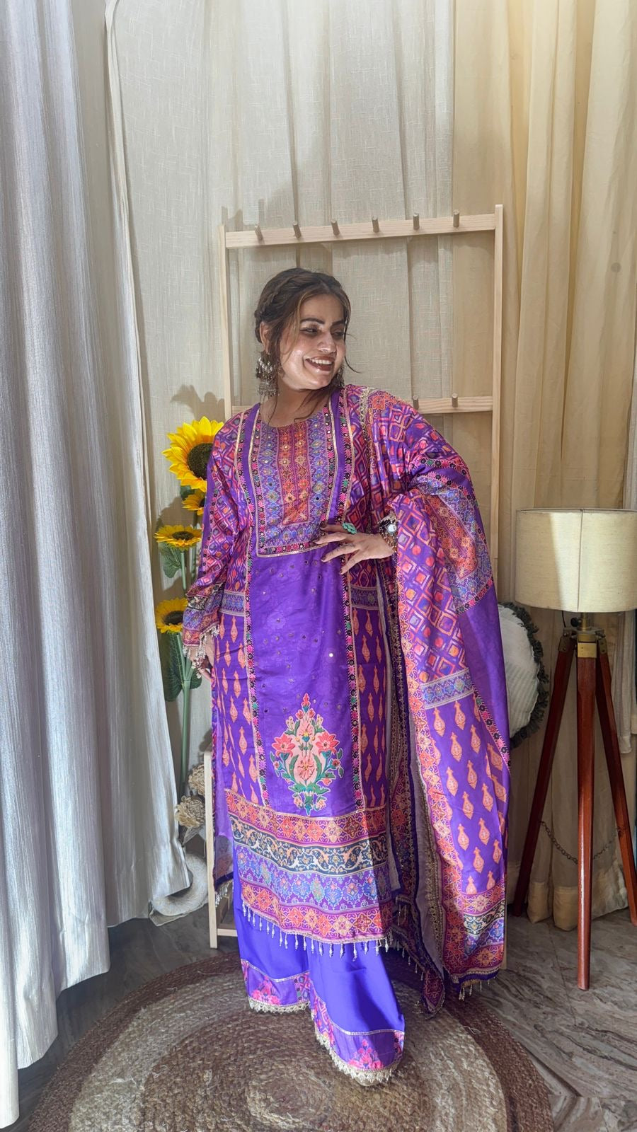 Royal Purple Printed Kurta Palazzo Set with Dupatta