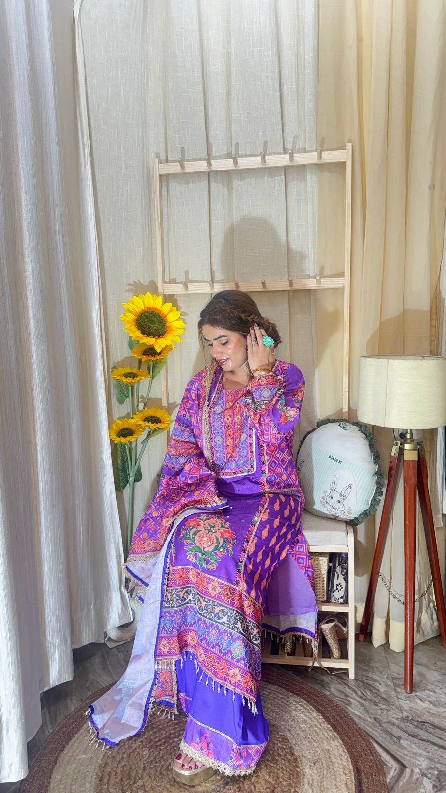 Royal Purple Printed Kurta Palazzo Set with Dupatta