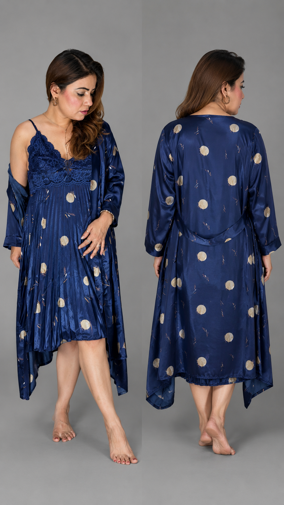 Luxury Navy Blue Satin Lace Nighty with Printed Robe – 2 Piece Nightwear Set