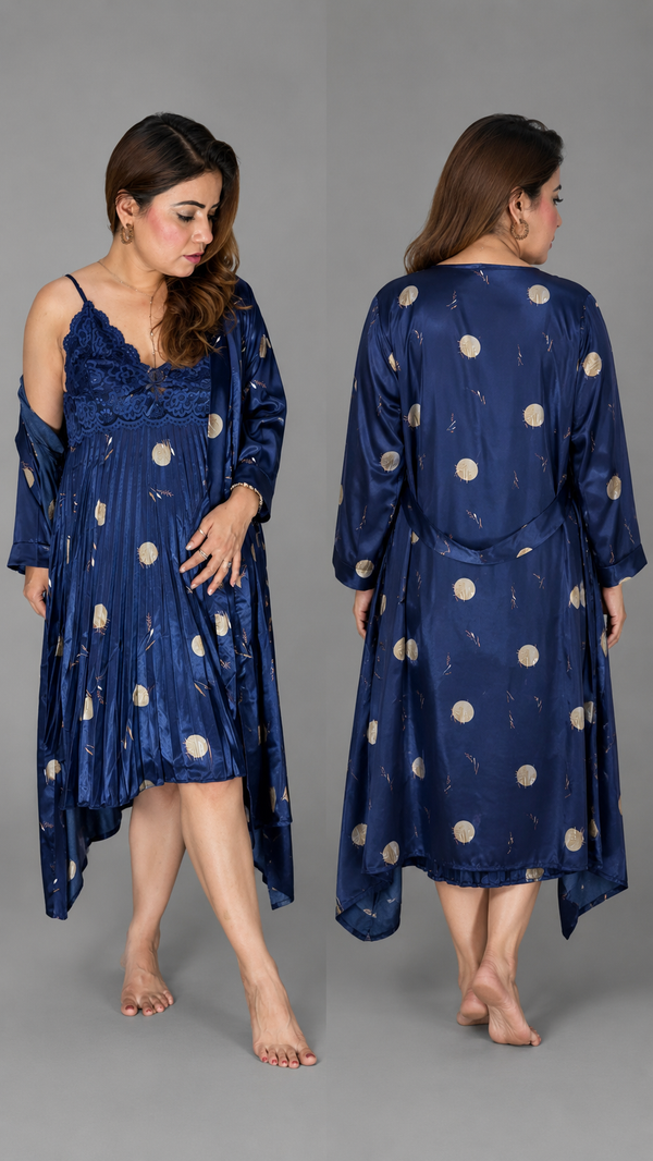 Luxury Navy Blue Satin Lace Nighty with Printed Robe – 2 Piece Nightwear Set