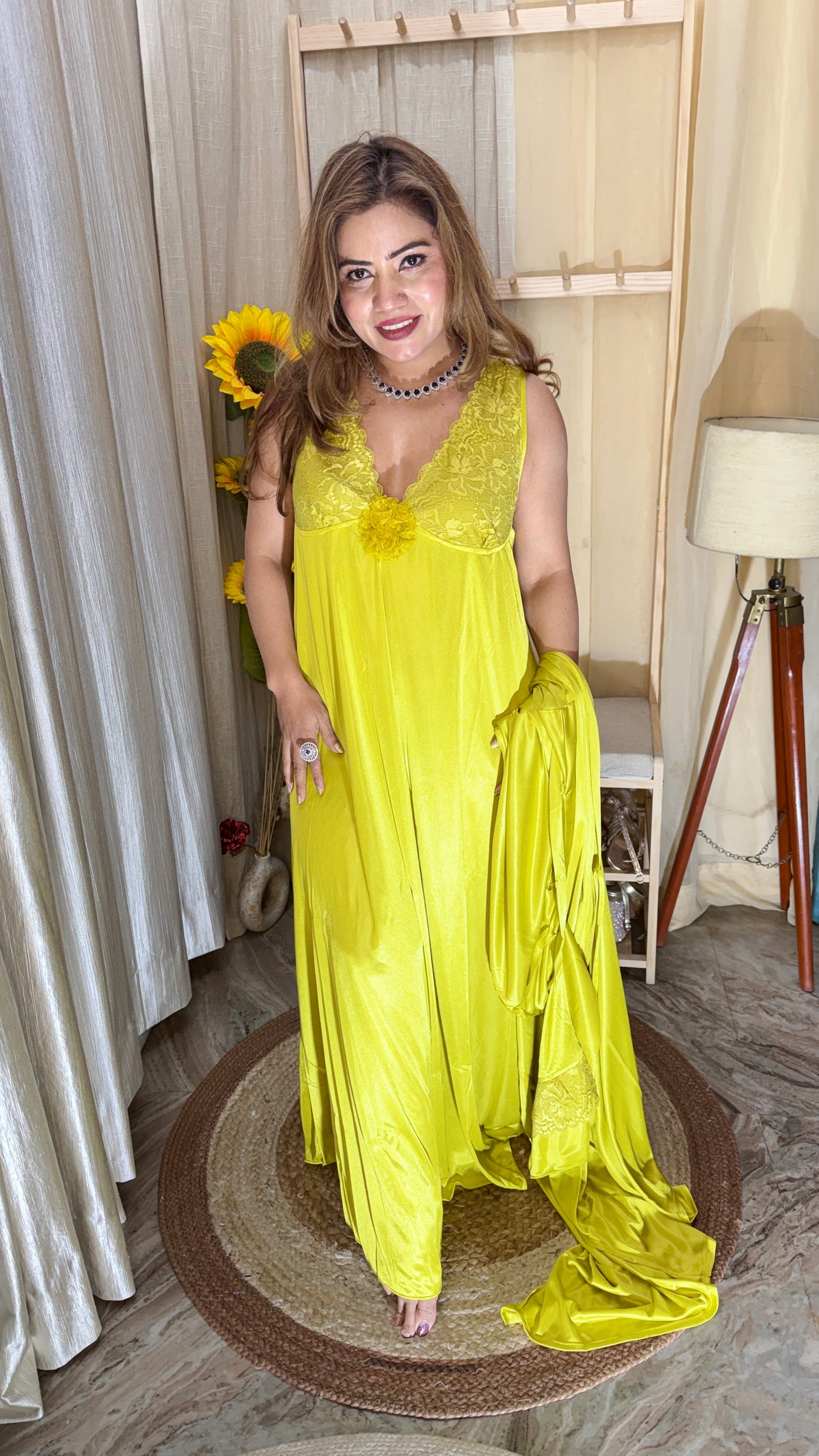 3pc Luxury Satin Lace Nighty with Robe – Sunshine Yellow