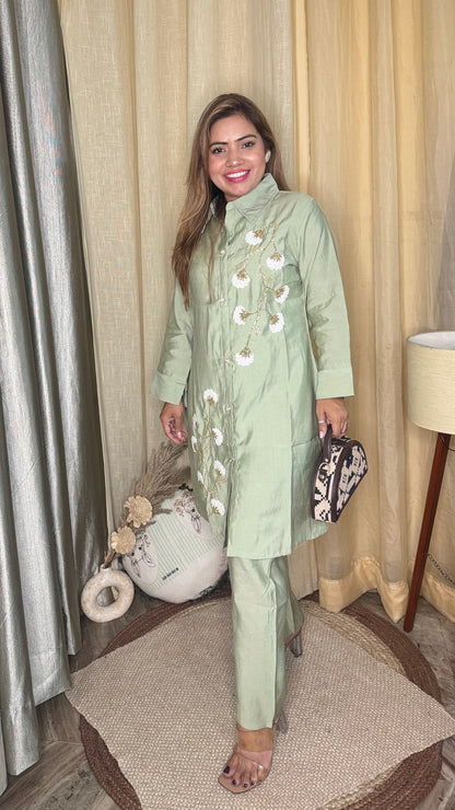 Pastel Green Embroidered Kurta co-ord Set